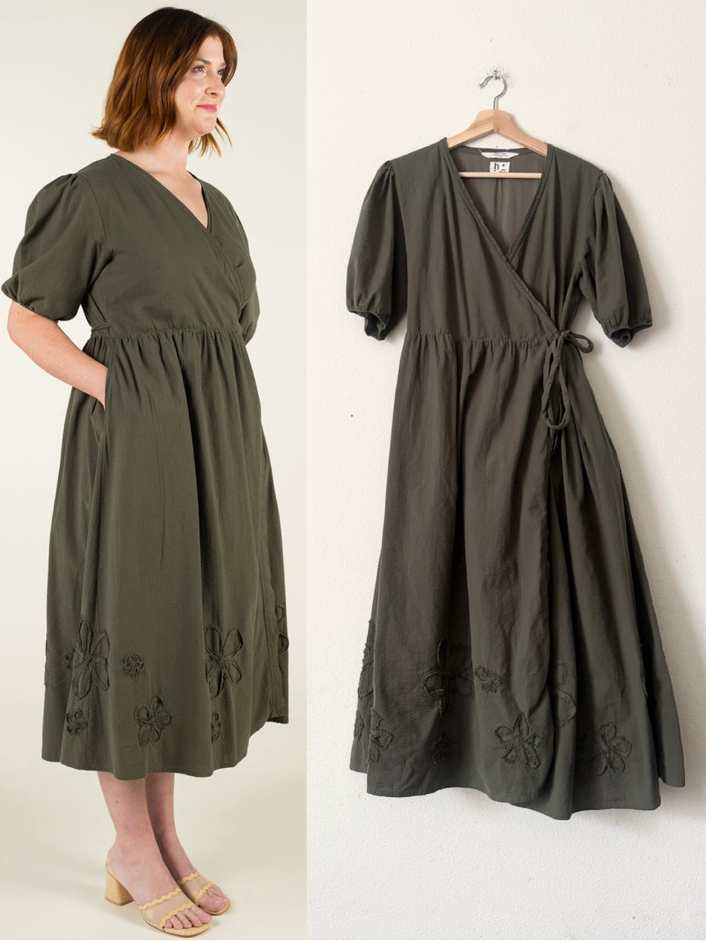 Harper Sage XL Mossflower short sleeve wrap midi dress in olive green